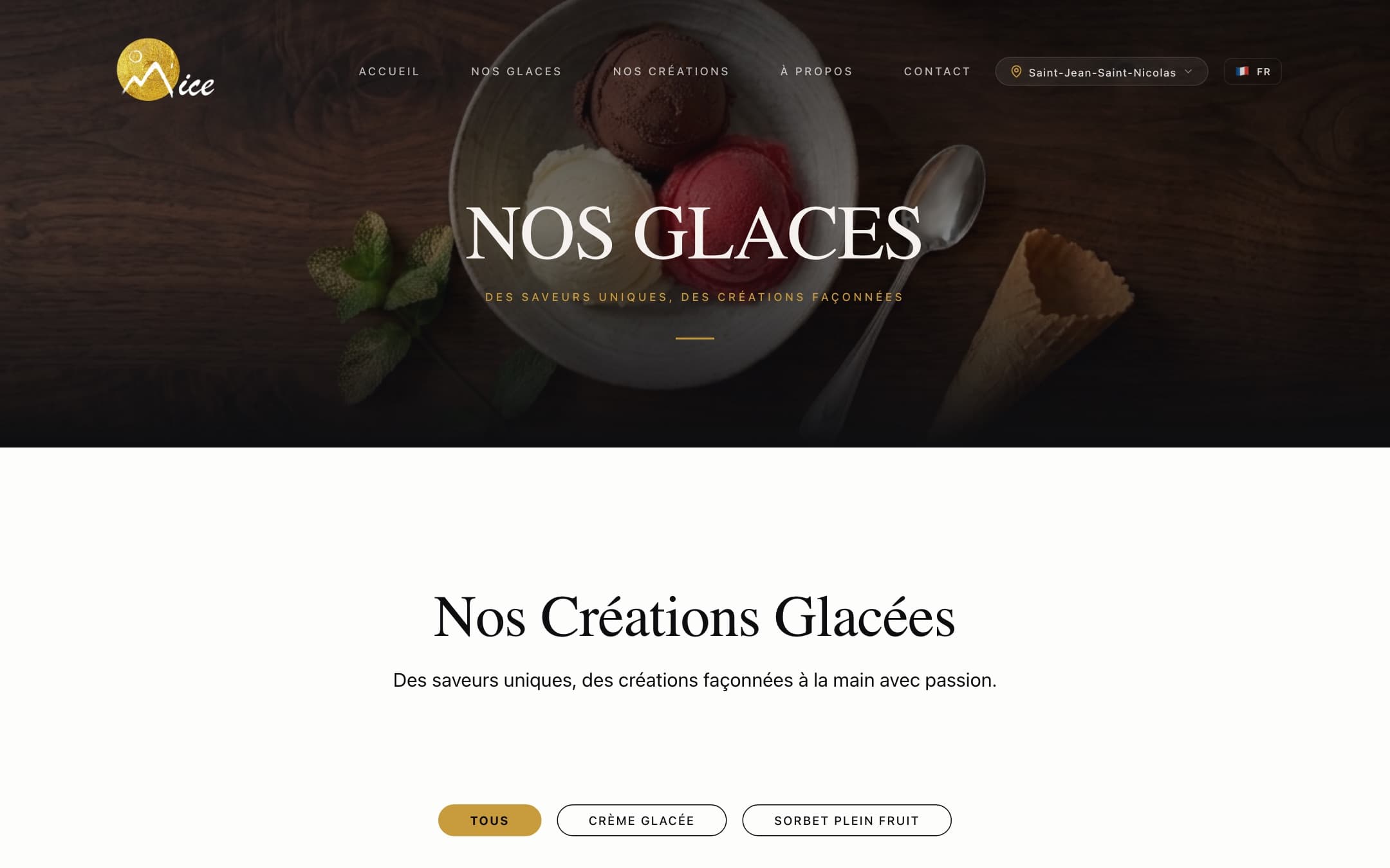La carte des glaces, crèmes glacées et sorbets plein fruit.